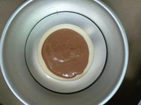 
18.烤箱160℃预热，用两个勺子交替将蛋糕糊从模具中间放入。