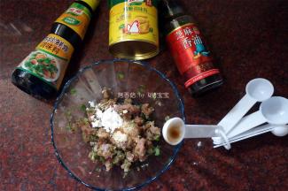 将肉末和芫茜葱花混合，加入调味料，拌均匀。