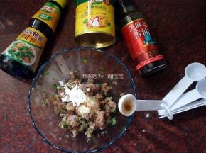 将肉末和芫茜葱花混合，加入调味料，拌均匀。