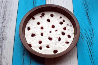 将面糊倒入模具，震荡平整，表面撒上剩余的10克蔓越莓干。