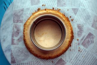 然后用同一个模具在蔓越莓蛋糕片上印出等大的圆。