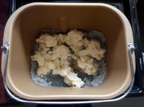 将黄油除外的主面团的食材按照先液体后固体的顺序放入面包机，然后放入撕碎了的中种面团，揉面20分钟。