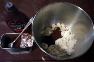 将黄油除外的主面团食材（高筋粉75克、牛奶33克、细砂糖27克、盐4克、全蛋液27克、巧克力酱40克、黄油21克、 酵母1克、可可粉5克）放入厨师机里，然后将发酵好的中种面团撕成小块放入，启动揉面，先慢后快。