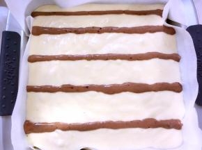 方形烤盘铺油纸，将翻拌好的面糊倒入模具，之后轻轻磕几下，震出气泡，之后用可可面糊在表层挤上几条直线