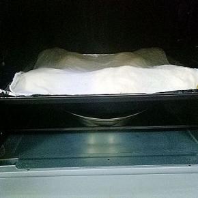完成后，烤箱下面放一盆热水，将整形好的面团上盖一层湿布，进行二次发酵