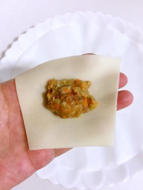 把馄饨皮放在手心，放入一勺肉馅儿！