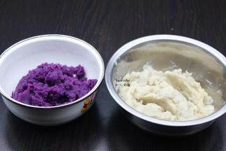 紫薯、小芋头煮熟去皮，分别压碎成泥；