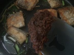 放入一大勺豆瓣酱。加入1小碗水，大火烧开，小火慢炖10分钟。