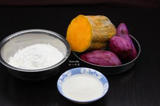 准备食材：糯米粉、紫薯、南瓜白砂糖