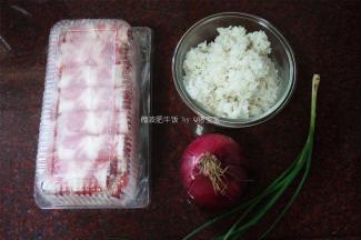 准备食材：肥牛肉片，洋葱，米饭，葱。