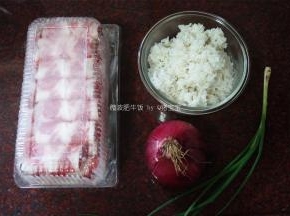 准备食材：肥牛肉片，洋葱，米饭，葱。