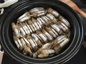 把蛏子码入盐中。