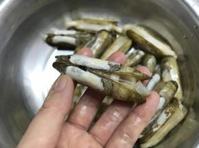 用刀在蛏子背部划上一刀，不要切断。