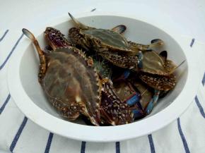 挑螃蟹，越张牙舞爪的蟹就越新鲜，你把蟹子翻个身，瞬间跃起正位的是健康有活力的好蟹子，还有一个就是掂重量，同体积的蟹子，越肥的越沉。