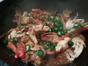 大火烧开，改中小火慢慢炖，待汤汁差不多了，放青红椒，鸡粉翻拌一下就可以了。