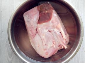 冷冻的兔肉在室温下解冻，用清水泡除血水。