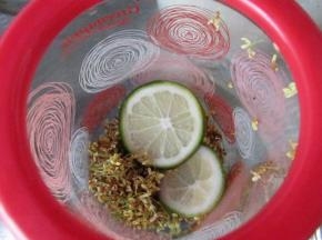 玻璃密封瓶前提开水煮了消毒并晾干水分，从底部开始铺一层桂花，放一层柠檬片