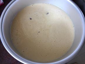 然后将蛋糕糊距20厘米处倒入模具中，振泡两次