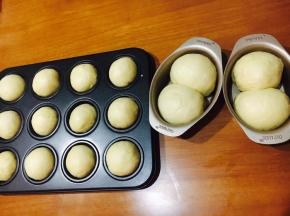 再分成各类等份，放进模具，烤箱35度发酵30分钟，烤箱底部放一碗热水，帮助发酵。