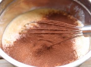 剩下的加入可可粉。翻拌均匀。分别倒入学厨12连不沾马芬蛋糕模具。为了出门携带方便卫生食用，我用了学厨耐高温蛋糕纸杯！