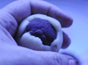 7、然后用月饼皮包住有蛋黄馅的豆沙；用两手把饼皮慢慢往上推，一直到彻底包住豆沙；包的过程中注意饼皮薄厚均匀、这样不容易露馅