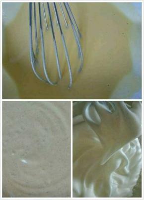 蛋黄蛋白分离，蛋黄与牛奶混合，加入大米粉，一半白砂糖，要打蛋器打拌均匀，再加入紫薯泥混合，蛋白加另一半白糖打发至蛋白拉尖。