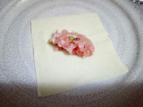 取一张馄饨皮，盛一勺肉馅。
