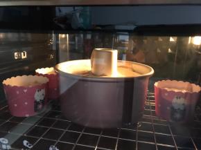 模具放入烤箱中下层，上下火160度烤45分钟。出炉轻摔震出热气，倒扣放凉2小时后脱模。