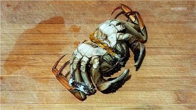 3.已经蒸制过的螃蟹，揭去背部的小脐，斩成两段。