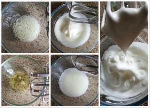 3.糖水煮好后立即离火，加入在打发的蛋白中，打蛋器高速打发，感觉打蛋头有阻力且粘稠有光亮，提起打蛋头如图九所示。低于40度停止打发。