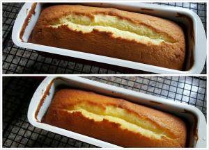 14．蛋糕出炉后趁热将糖水刷在蛋糕上。刷了糖水和没刷糖水的蛋糕比较，如上图 （自然裂缝也很美吧）。