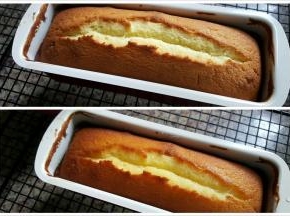 14．蛋糕出炉后趁热将糖水刷在蛋糕上。刷了糖水和没刷糖水的蛋糕比较，如上图 （自然裂缝也很美吧）。