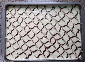 7. 将蛋卷糊从稍高处倒入烤盘中，可以消除大的气泡，刮平，裱花袋剪个小孔，在面糊上画上均匀的横线，再用牙签拉上来回的竖线。