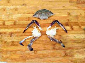 梭子蟹对半切开，去鳃，去心(心最寒)，去嘴。