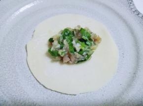 取一张饺子皮，盛一勺饺子馅放在饺子皮当中。