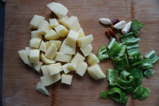 土豆去皮切块，青椒切块，生姜去皮切片，干辣椒切段，蒜拍扁