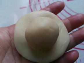 取一份水油皮擀开包住一份油酥