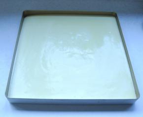 8、倒入28cm正方形的烤盘里，轻轻振出大气泡