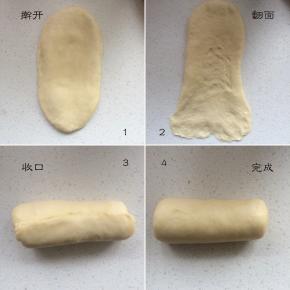 静置好后，取一面团，用擀面杖从面团中间位置，向上、向下擀开，拍掉边缘气泡，然后翻面，整理，从上至下，卷起
