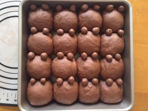 二次发酵完成后，放上耳朵，放入预热好的烤箱160度，中层18分钟，上下火