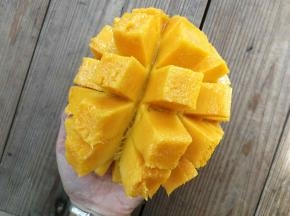 用手将芒果皮向上翻，使芒果丁之间分离