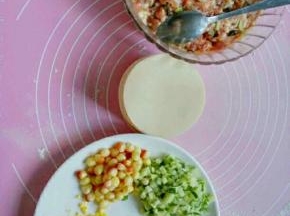 猪肉绞成肉馅儿，其余菜剁成粒，与肉馅加入适量盐搅拌在一起，蛋黄煮熟分离只要蛋黄，然后把蛋黄压成泥