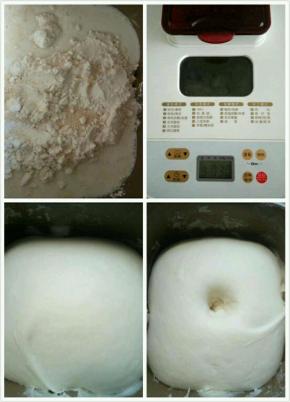 把做面包的所有材料放入面包机，启动和面按钮，然后发酵至两倍大