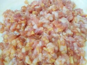 猪肉洗净沥干水分，，剁成肉馅，放入菜盘加入姜末，盐、鸡精、耗油、酱油、香油拌成馅料。