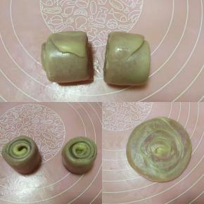 用刀将二次擀卷后的面团从中间切开，一分为二，切面朝下，用擀面杖擀成圆形