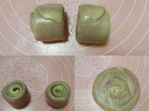 用刀将二次擀卷后的面团从中间切开，一分为二，切面朝下，用擀面杖擀成圆形