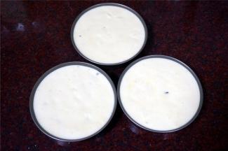 不粘模具刷一层薄薄的烤盘油，然后倒入蛋糕糊，震荡出大气泡。