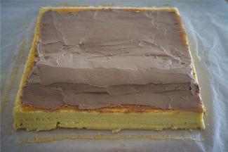 抹上巧克力奶油馅。近端奶油放厚点，远端放薄点。