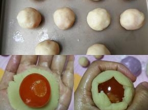 松弛饼皮的时间来准备馅料，每个馅料取莲蓉20g包入咸蛋黄（每个15g左右），虎口收圆，依次做好12个