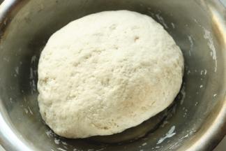 面团材料，面粉酵母和水，混合揉成团后，开始盖保鲜膜发酵。